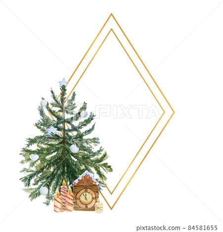 Geometric gold frame with a Christmas tree, candles, holly flowers and winter decor. Watercolor illustration 84581655