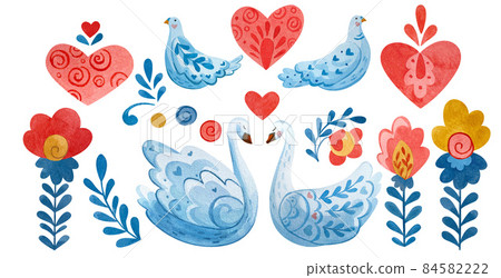 Folklore set with swan, pigeons, hearts, flowers, twigs. Set for Valentine's. 84582222