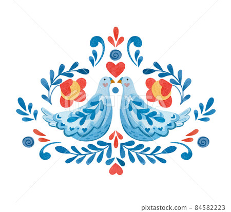 Symmetrical composition with doves, flowers and hearts on the theme of valentines day. 84582223