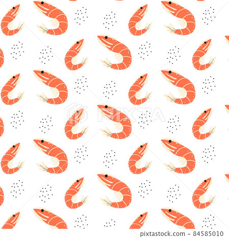 Childrens seamless pattern with shrimps. Hand-drawn shrimp pattern. The pattern is suitable for textiles, prints, menu design. Childrens seamless pattern with shrimps. Hand-drawn shrimp pattern. The pattern is suitable for textiles, prints, menu design. 84585010