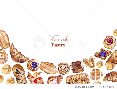 Template of watercolor french pastry. Hand drawn bun, croissant, madeleine, bread for greeting card, menu and packaging design. 84587509