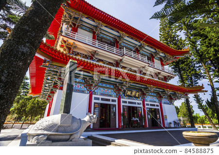 Building view of Xuanzang Temple in Sun Moon Lake of Nantou, Taiwan. The structure is modeled after ancient halls and rooms of the Tang dynasty. 84588875