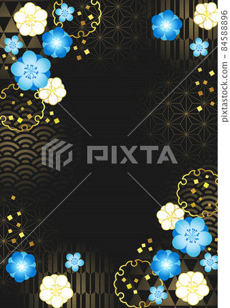 Gold leaf pattern, snow ring and blue Japanese flower background vertical, black 84588896
