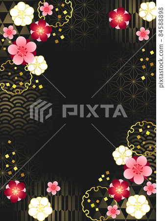 Gold leaf pattern, snow ring and red Japanese flower background vertical, black 84588898