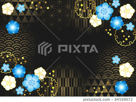 Gold leaf pattern, snow ring and blue Japanese flower background horizontal / black 84589072