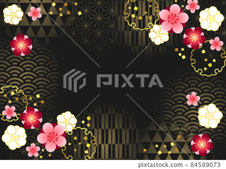 Gold leaf pattern, snow ring and red Japanese flower background horizontal black 84589073