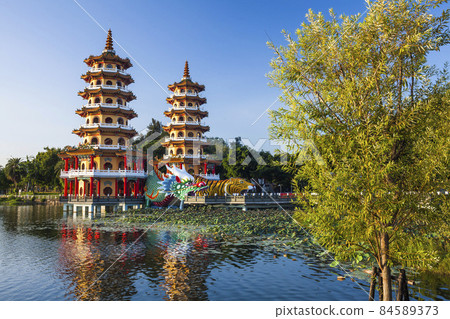 Architecture view of the Dragon and Tiger Pagodas in Lotus Pond of Kaohsiung, Taiwan. it is a temple located at Lotus Pond in Zuoying District, Kaohsiung, Taiwan.  84589373