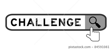 Search banner in word challenge with hand over magnifier icon on white background 84591081
