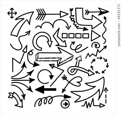 Doodle vector arrows set. Hand drawn business icons. Sketching illustration for school, presentation 84591171