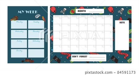 Vector set of weekly planner, to do list, note, background with doodle pirate print. School planner with doodle sketch. A map with a hand-drawn sketch of a mermaid ship and pirate items. Template for 84591173