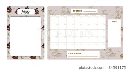Vector set of weekly planner, to do list, note, background with doodle pirate print. School planner with doodle sketch. A map with a hand-drawn sketch of a mermaid ship and pirate items. Template for 84591175