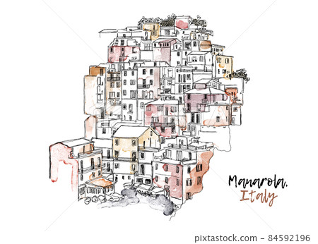 Vector of colorful houses in Manarola, fishing village in Five lands, Cinque Terre National Park, Liguria, Italy. Italian ink Sketch with Watercolor spots. Hand Drawn Urban sketch for postcard, banner 84592196