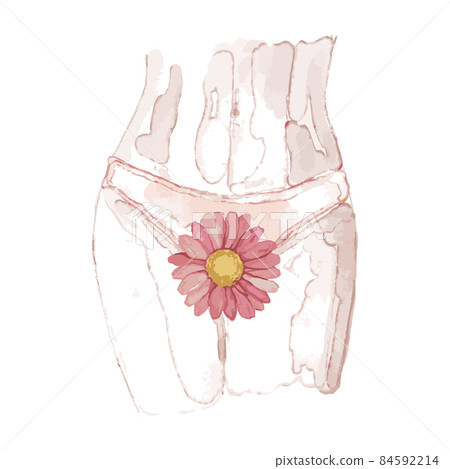Watercolor Vector Woman in white panties with red flower in bikini zone, close-up. Gynecology, menstruation, the concept of genital health. Concept of menstruation, women's health. Watercolor Vector Woman in white panties with red flower in bikini zone, close-up. Gynecology, menstruation, the concept of genital health. Concept of menstruation, women's health. 84592214