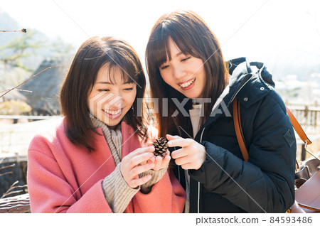 兩個女人手裡拿著松果 兩個女人手裡拿著松果 84593486