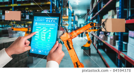 Smart robot arm systems for innovative warehouse and factory digital technology Smart robot arm systems for innovative warehouse and factory digital technology 84594378