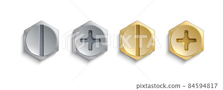 Realistic metal screw. Steel bolt heads. 3D metallic fasteners. Repair and build hardware tools. Polygonal self-tapping nails with cross and line carving. Vector construction bolts set 84594817