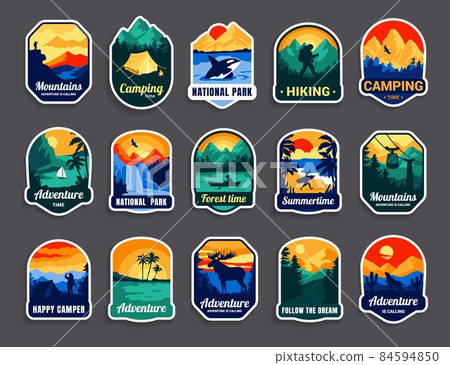 Outdoor camp badge. Cartoon nature travel and exploration emblem. Isolated stickers for hiking and camping. Vintage patch with forest lake and trees. Vector logo set with landscape elements Outdoor camp badge. Cartoon nature travel and exploration emblem. Isolated stickers for hiking and camping. Vintage patch with forest lake and trees. Vector logo set with landscape elements 84594850