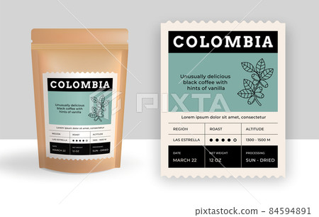 Coffee package with label. Food bag realistic mockup with product sticker. Brand paper emblem. Grid layout with place for text. Arabica roasted bean packaging. Vector espresso zip pack 84594891