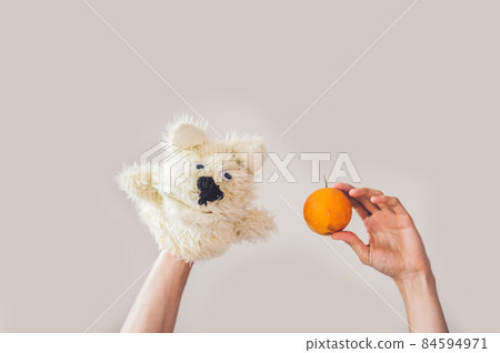 Puppet show dog on a gray background. Space for text or replicas Puppet show dog on a gray background. Space for text or replicas 84594971