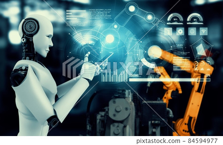 Mechanized industry robot and robotic arms for assembly in factory production . Mechanized industry robot and robotic arms for assembly in factory production . 84594977