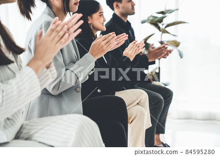 Businesswoman proficiently present work project receive celebrations from team 84595280