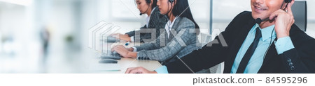 Call center or customer support agent in broaden view panoramic banner 84595296