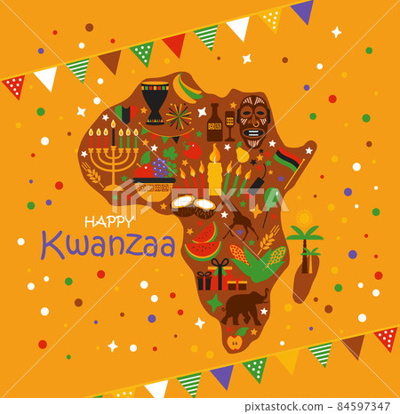 Vector card of celebration Happy Kwanzaa. Holiday african american symbols on yellow background in african map. Vector card of celebration Happy Kwanzaa. Holiday african american symbols on yellow background in african map. 84597347