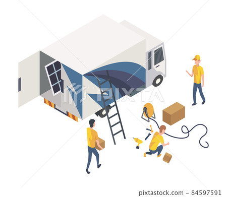 Solar cell installing. Team service working on installation solar cell near his truck. Smart home system for new customer isometric. Ecology energy saving concept for free energy Solar cell installing. Team service working on installation solar cell near his truck. Smart home system for new customer isometric. Ecology energy saving concept for free energy 84597591