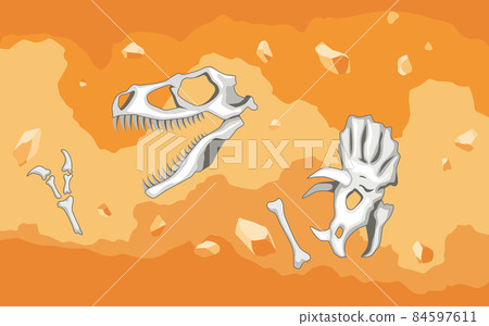 Era of Earth history. Fossil dinosaurs, elements for paleontology and archeology works. Scene with various animals bones in soil layer. Vector old dino skeletons buried underground 84597611