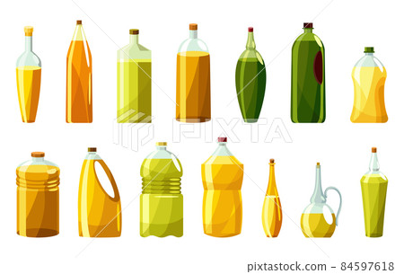 Vegetable oil bottles set. Cans with vitamin oil for cooking. Virgin organic healthy liquid products from seed. Isolated cartoon icons with sunflower product 84597618
