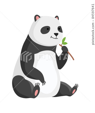 Panda bear sits and eating bamboo. Cute big panda character. Asian wildlife cartoon animal. Adorable jungle wild mammal Panda bear sits and eating bamboo. Cute big panda character. Asian wildlife cartoon animal. Adorable jungle wild mammal 84597641