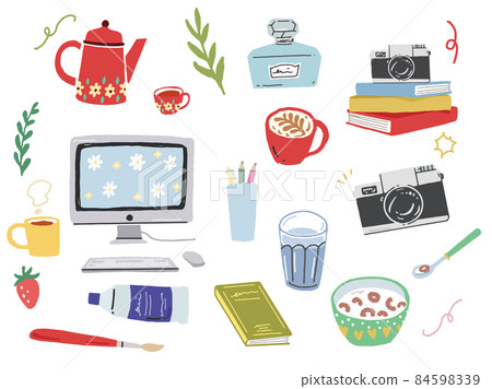 Illustrations of daily miscellaneous goods (perfume, personal computer, book, camera, breakfast, cereal, pot, coffee, paint, handwriting) 84598339