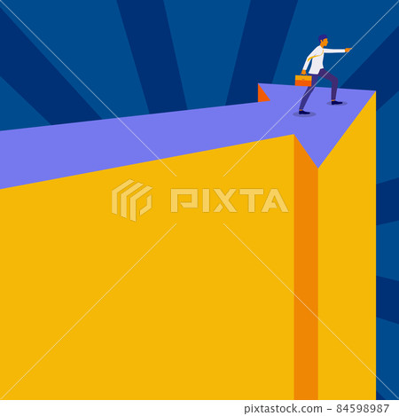 Man Illustration Carrying Suitcase Standing On Top Of Arrow Pointing Out Next Phase Targets. Gentelman Holding Bad Showing Direction For Achieving New Goals. 84598987