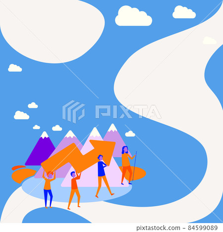Four Colleagues Illustration Climbing Mountain Holding Large Arrow For Success. Teammates Carrying Pointer Up The Hill Towards Their Target. Four Colleagues Illustration Climbing Mountain Holding Large Arrow For Success. Teammates Carrying Pointer Up The Hill Towards Their Target. 84599089