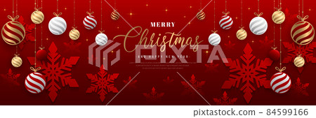 Merry christmas and happy new year horizontal banner. Luxury and elegant red background with snowflake decoration, gold balls hanging on ribbon. Suit for poster, cover, website, header, greeting card 84599166