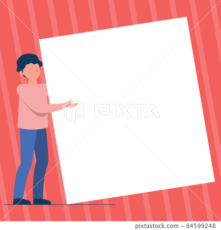 Man Standing Drawing Holding Presenting Huge Blank Paper. Gentleman Stands Carrying Large Empty Cardboard Displaying New Information. 84599248