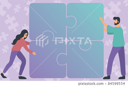 Colleagues Drawing Fitting Four Pieces Of Jigsaw Puzzle Together Showing Teamwork. Teammates Finding Clues Together Displaying Team Cooperation. 84599554