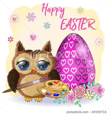 Cute cartoon owl with Easter eggs, basket, greeting card with text Cute cartoon owl with Easter eggs, basket, greeting card with text 84599718