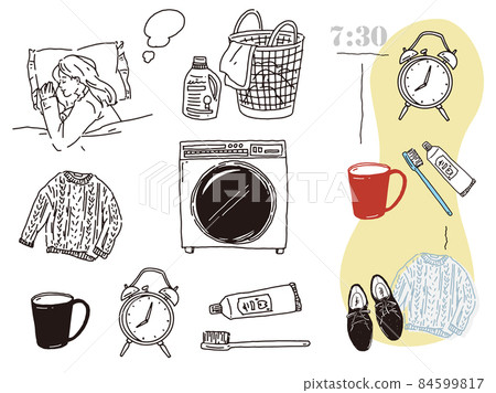 Black and white, monotone, line art illustrations (handwriting, holidays, magazines, sleeping, morning, toothpaste, changing clothes, alarm clock) 84599817