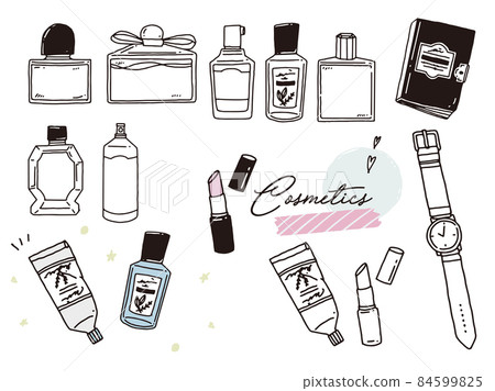 黑白、單調、線條藝術插畫（手寫、時裝、雜誌、咖啡館、時裝、化妝品、美容、鮮花） 84599825