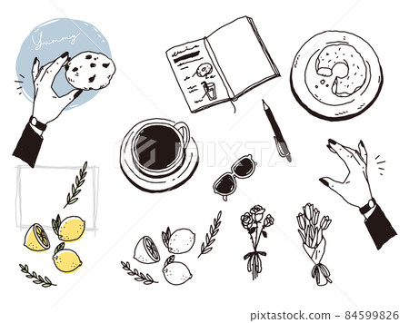 Black and white, monotone, line drawing illustrations (handwriting, fashion, magazines, cafes, fashion, interiors, vases) 84599826