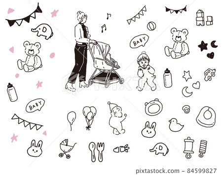 Black and white, monotone, line art illustrations (handwritten, children, babies, parents and children, fashion, strollers, babies) 84599827