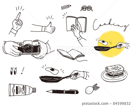 Black and white, monotone, line art illustrations (handwriting, fashion, breakfast, fashion, good, reading books, camera) 84599832
