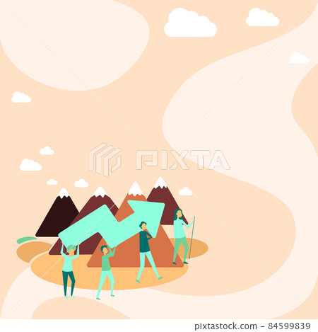 Four Colleagues Illustration Climbing Mountain Holding Large Arrow For Success. Teammates Carrying Pointer Up The Hill Towards Their Target. Four Colleagues Illustration Climbing Mountain Holding Large Arrow For Success. Teammates Carrying Pointer Up The Hill Towards Their Target. 84599839