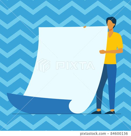 Man Standing Drawing Holding Large Blank Paper. Gentleman Design Stands And Holds Big Empty Sheet Showing New Meanings And Message. 84600136
