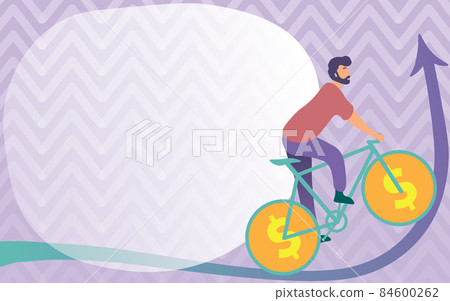 Man Drawing Travelling Using Bike With Dollar Sign Wheels Going Upward. Young Sports Athlete Riding Bicycle With Currency Wheel Design Heading Upwards. Man Drawing Travelling Using Bike With Dollar Sign Wheels Going Upward. Young Sports Athlete Riding Bicycle With Currency Wheel Design Heading Upwards. 84600262