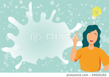 Cheerful Lady Illustration Showing Discovery Of A New Creative Idea With Speech Bubble. Happy Girl Celebrating Her New Solution Finding With Ideas Lamp. 84600268