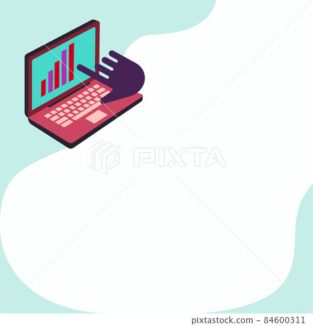 Laptop Drawing Showing Graph Growth Hand Pointing Screen. Notebook Computer Design Displaying Growing Chart Finger Pointing Display. 84600311