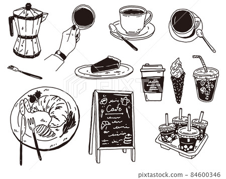 Black and white, monotone, line art illustrations (handwriting, milk, cafe, lunch, coffee, dessert) 84600346