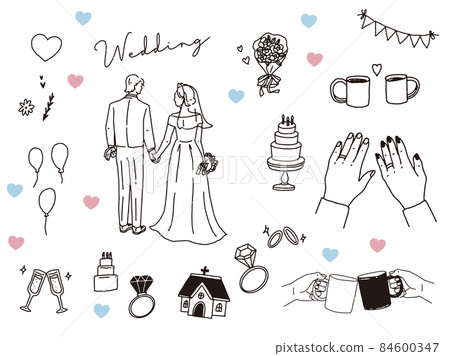 黑白、單調、線條藝術插畫（婚禮、情侶、情侶、請柬、迎賓牌、戒指、新生活） 84600347
